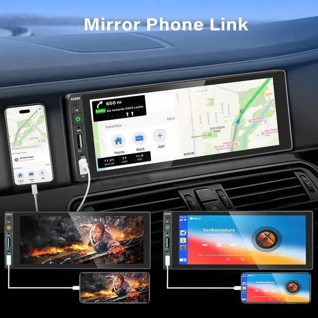 Alt view image 3 of 7 - 6.9" Single Din Car Stereo with Apple CarPlay & Android Auto, Single Din Touchscreen Radio, Car Stereo with Bluetooth, Backup Camera, GPS Navigation, Mirror Link, FM/AM, EQ, USB, SWC, MIC