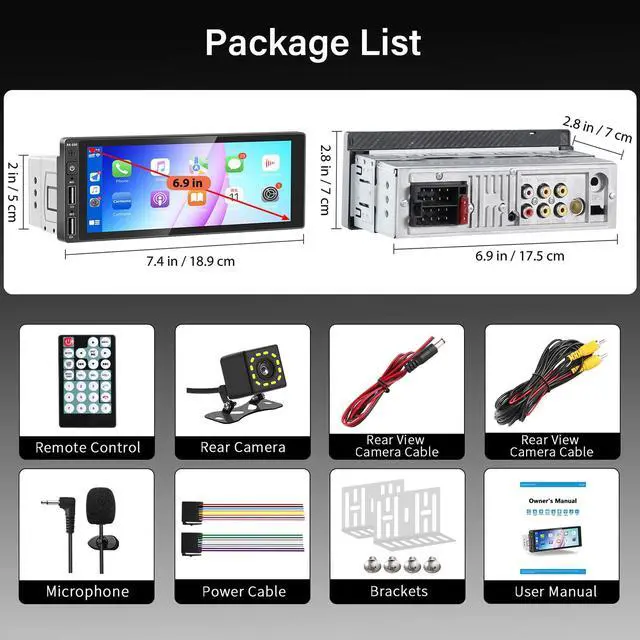 Alt view image 7 of 7 - 6.9" Single Din Car Stereo with Apple CarPlay & Android Auto, Single Din Touchscreen Radio, Car Stereo with Bluetooth, Backup Camera, GPS Navigation, Mirror Link, FM/AM, EQ, USB, SWC, MIC