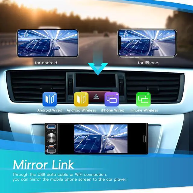 Alt view image 3 of 7 - Single Din Car Stereo with Wireless Carplay Android Auto, 2026 Upgraded Bluetooth 5.2 Type-C/USB, 6.5 Inch Incell HD Touch Screen Car Radio with Waterproof Backup Camera Mirror Link FM CVBS EQ SWC+MIC