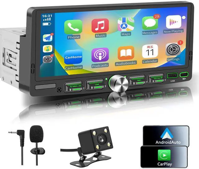 Main image of Single Din Touchscreen Radio with Wireless Apple CarPlay & Android Auto, 6.9" IPS Car Stereo with Bluetooth, Mirror Link, FM/AM,EQ, USB/Type-C, SWC, HD Backup Camera, Microphone for Car Audio Upgrade