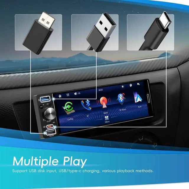 Alt view image 7 of 7 - Single Din Car Stereo with Wireless Carplay Android Auto, 2026 Upgraded Bluetooth 5.2 Type-C/USB, 6.5 Inch Incell HD Touch Screen Car Radio with Waterproof Backup Camera Mirror Link FM CVBS EQ SWC+MIC