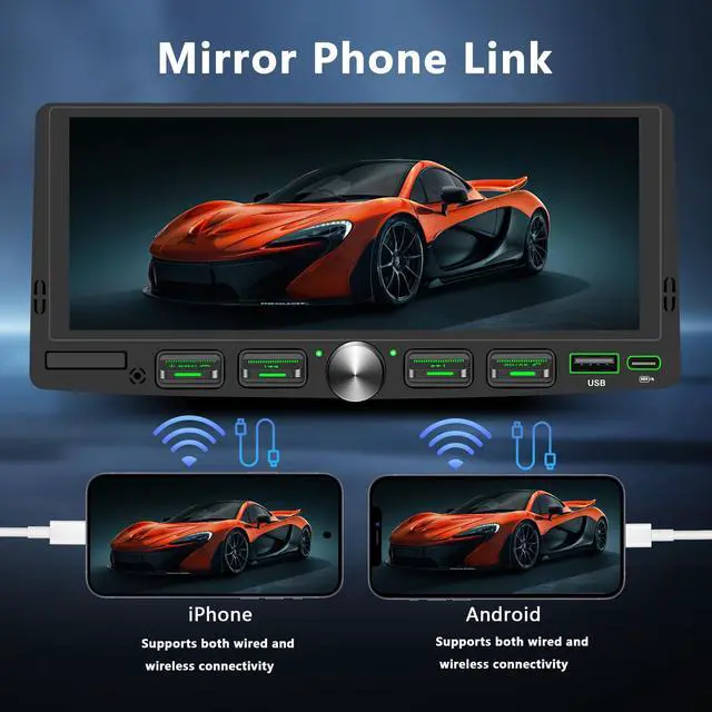 Alt view image 7 of 7 - Single Din Touchscreen Radio with Wireless Apple CarPlay & Android Auto, 6.9" IPS Car Stereo with Bluetooth, Mirror Link, FM/AM,EQ, USB/Type-C, SWC, HD Backup Camera, Microphone for Car Audio Upgrade