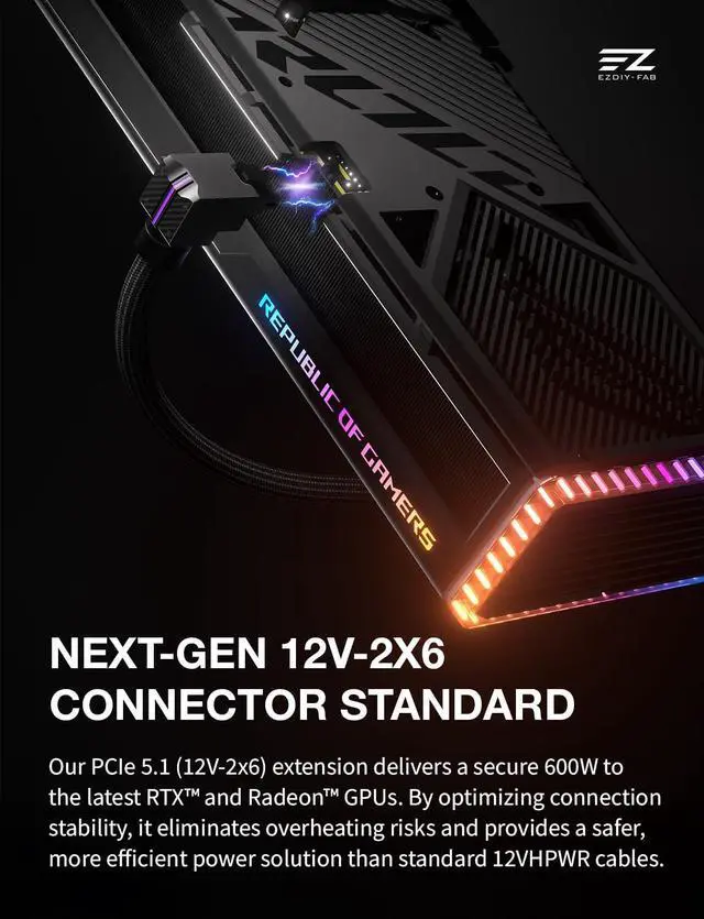 Alt view image 4 of 7 - UNIFAS ARGB 16-Pin 12VHPWR GPU Extension Cable for RTX 40/50 Series, 16AWG 90° Right-Angle 12V-2x6 PCIe 5.1 PSU Extension Cable, 5V 3-Pin RGB Sync, Unified Cable Design, Reverse Type, Black