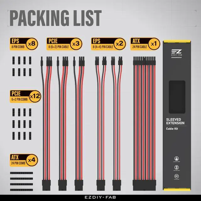 Alt view image 7 of 7 - PSU Cable Extension Kit,16AWG Power Supply Extension,1x24Pin/2x4+4 EPS/3x6+2 PCI-E,Custom PC Sleeve Cable 300MM with Combs-Black Red