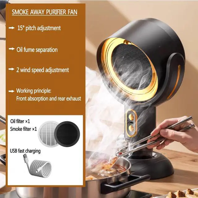 Alt view image 3 of 7 - PuffHide Indoor Purifier Fan, Portable Smoke Fan with Adjustable Angle & Washable Filter, Compact Exhaust Fan for Indoor Use, BBQ & Hot Pot (Black-Gold)