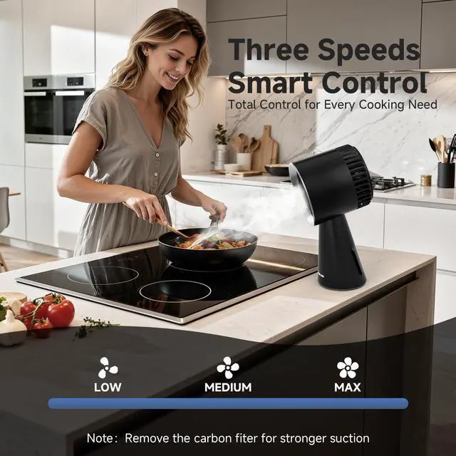 Alt view image 5 of 7 - Portable Range Hood Kitchen,10 Layer Filter Compact Desktop Exhaust Fan, Powerful 3-Speed Smoke Removal, Low Noise Countertop Range Hood, Oil Cup, for Apartments, Dorm, RV, Indoor BBQ