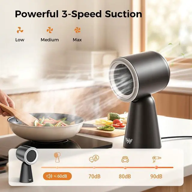 Alt view image 2 of 7 - Portable Range Hood with Light, Desktop Kitchen Exhaust Fan with Water Washing Self-Cleaning Mode, 12° Adjustable Head, 3-Speed, Low Noise, Ideal for Apartment, RV, Indoor Hot Pot and BBQ