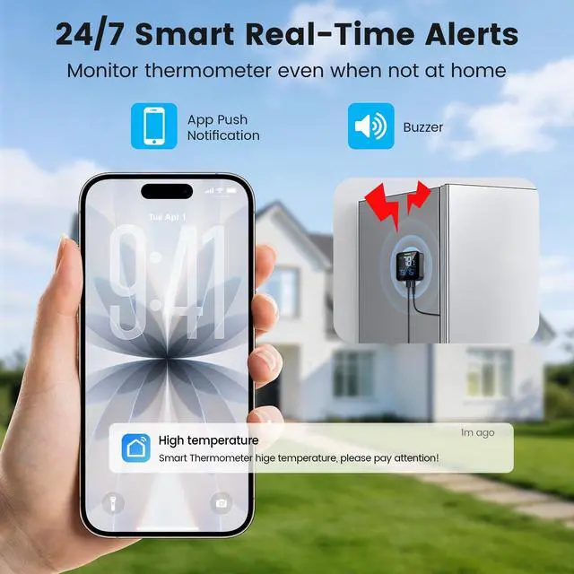 Alt view image 2 of 7 - Upgraded Refrigerator Thermometer with Alarm, Smart Digital WiFi Freezer Thermometer with App Control, Buzzer Alerts & LCD Backlit Display for Fridge, Freezer, Hot Tub(Only Support 2.4G Wi-Fi)