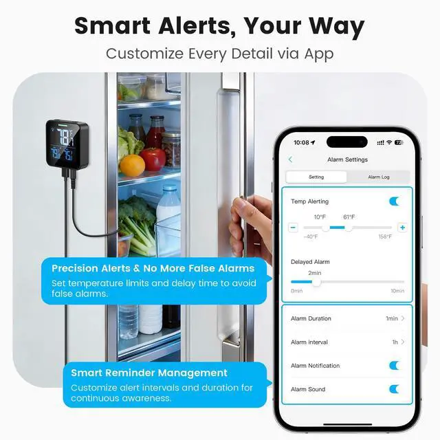 Alt view image 4 of 7 - Upgraded Refrigerator Thermometer with Alarm, Smart Digital WiFi Freezer Thermometer with App Control, Buzzer Alerts & LCD Backlit Display for Fridge, Freezer, Hot Tub(Only Support 2.4G Wi-Fi)
