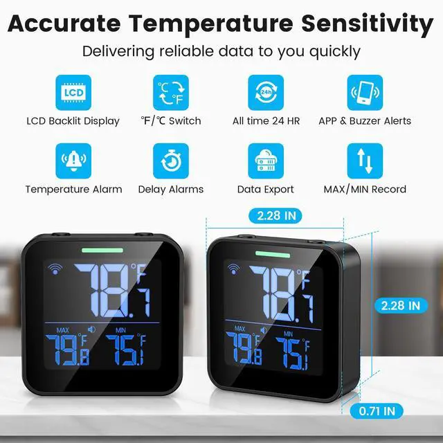 Alt view image 7 of 7 - Upgraded Refrigerator Thermometer with Alarm, Smart Digital WiFi Freezer Thermometer with App Control, Buzzer Alerts & LCD Backlit Display for Fridge, Freezer, Hot Tub(Only Support 2.4G Wi-Fi)