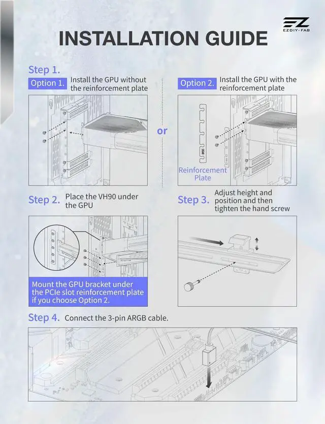 Alt view image 4 of 7 - VH90 ARGB GPU Support Bracket, Reinforced Adjustable Anti-Sag Graphics Card Support with Precision Rail & Lift System, 5V ARGB Sync-White