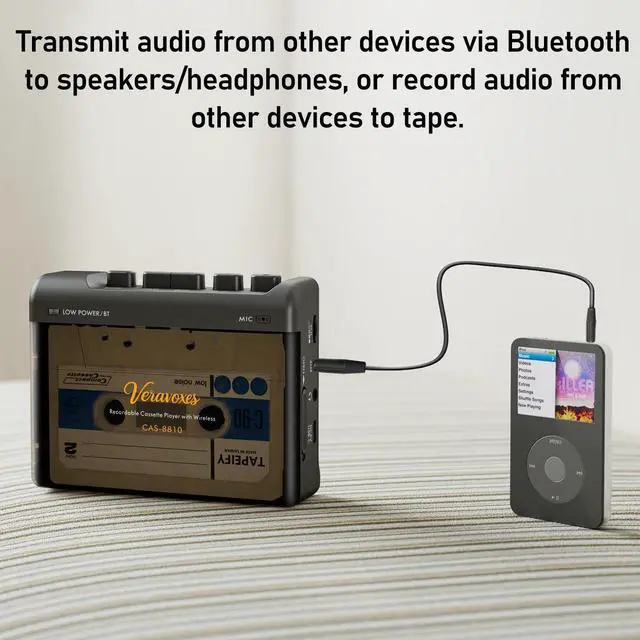 Alt view image 4 of 7 - Portable Bluetooth Cassette Tape Player, Cassette Player Recorder,Equipped with Headphone and AUX Ports, Support AUX Line in Record,Built-in Microphone, Powered by DC or AA Battery (Black)
