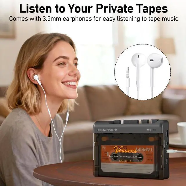 Alt view image 3 of 7 - Portable Bluetooth Cassette Tape Player, Cassette Player Recorder,Equipped with Headphone and AUX Ports, Support AUX Line in Record,Built-in Microphone, Powered by DC or AA Battery (Black)