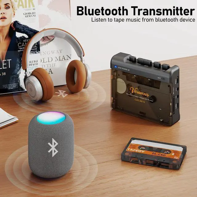 Alt view image 2 of 7 - Portable Bluetooth Cassette Tape Player, Cassette Player Recorder,Equipped with Headphone and AUX Ports, Support AUX Line in Record,Built-in Microphone, Powered by DC or AA Battery (Black)