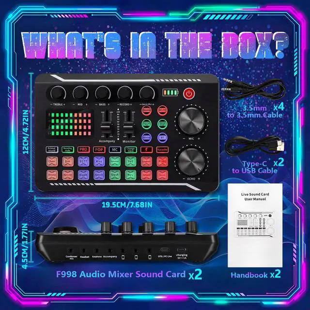 Alt view image 2 of 7 - 2 Pack Professional F998 Live Sound Card Audio Mixer Portable Podcast Audio Interface with Sound Effects & Voice Changer for Live Streaming, Recording, Gaming