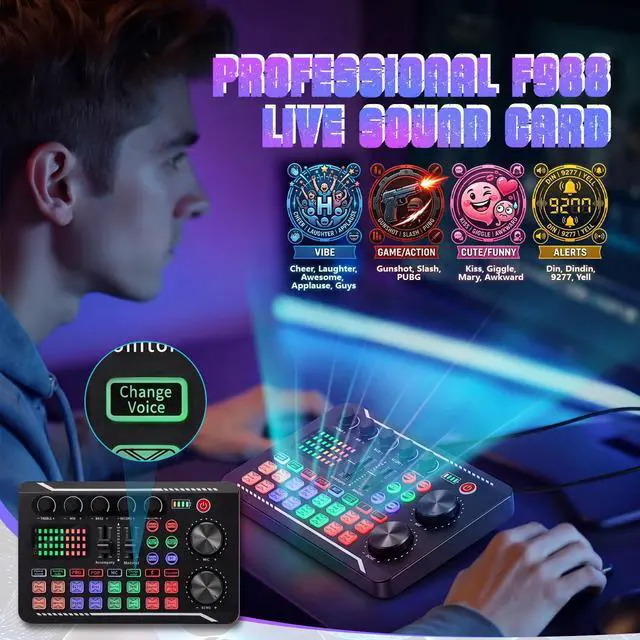 Alt view image 3 of 7 - 2 Pack Professional F998 Live Sound Card Audio Mixer Portable Podcast Audio Interface with Sound Effects & Voice Changer for Live Streaming, Recording, Gaming