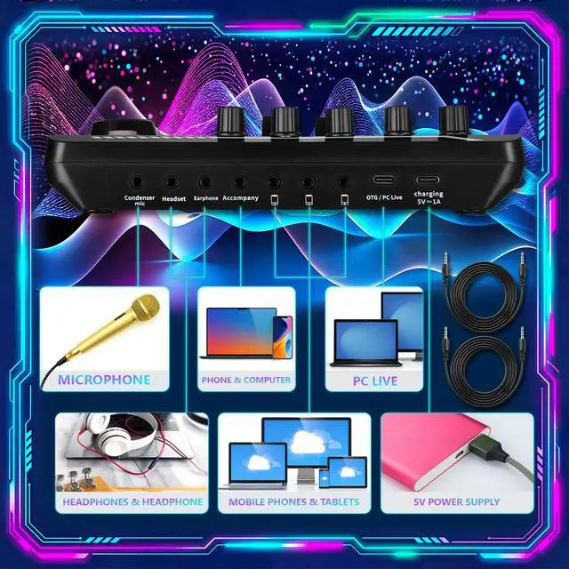 Alt view image 4 of 7 - 2 Pack Professional F998 Live Sound Card Audio Mixer Portable Podcast Audio Interface with Sound Effects & Voice Changer for Live Streaming, Recording, Gaming