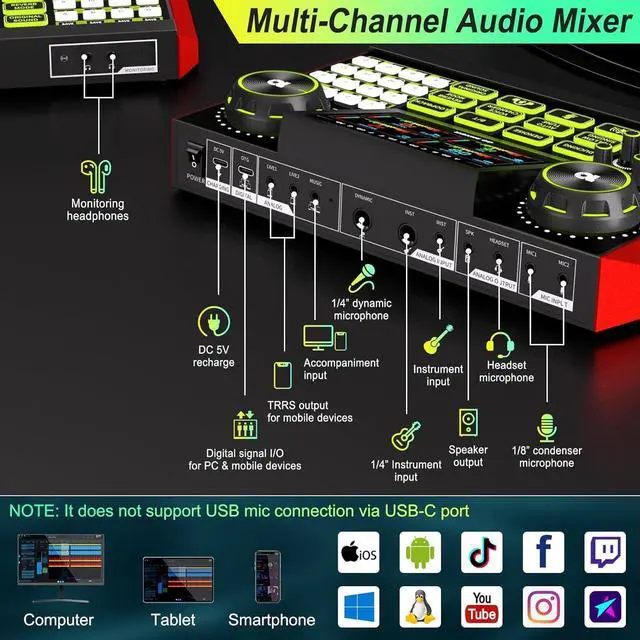 Alt view image 2 of 7 - Audio Mixer, Sound Board for Pc/Phone Live Streaming Singing Gaming, Podcast Mixer for 3.5/6.35mm Dynamic Microphone, Live Sound Card with DJ Mixer Effects Voice Changer, Denoise, One Click Mute