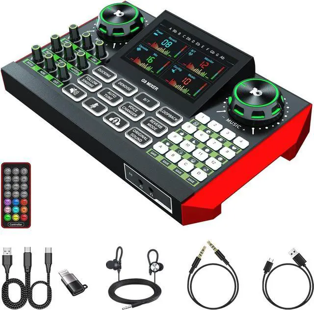 Main image of Audio Mixer, Sound Board for Pc/Phone Live Streaming Singing Gaming, Podcast Mixer for 3.5/6.35mm Dynamic Microphone, Live Sound Card with DJ Mixer Effects Voice Changer, Denoise, One Click Mute