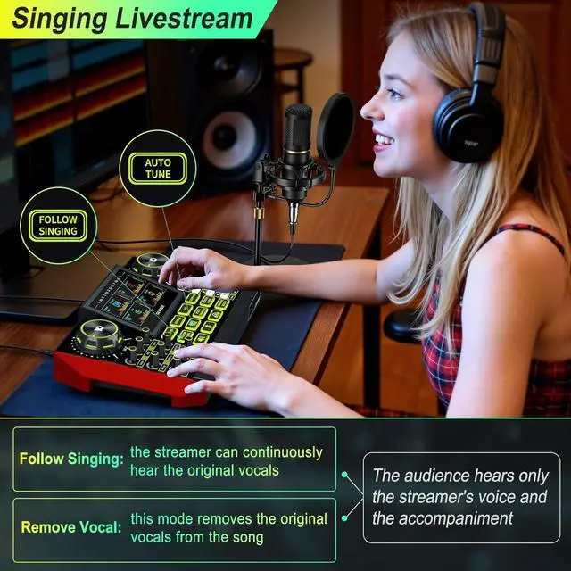 Alt view image 5 of 7 - Audio Mixer, Sound Board for Pc/Phone Live Streaming Singing Gaming, Podcast Mixer for 3.5/6.35mm Dynamic Microphone, Live Sound Card with DJ Mixer Effects Voice Changer, Denoise, One Click Mute