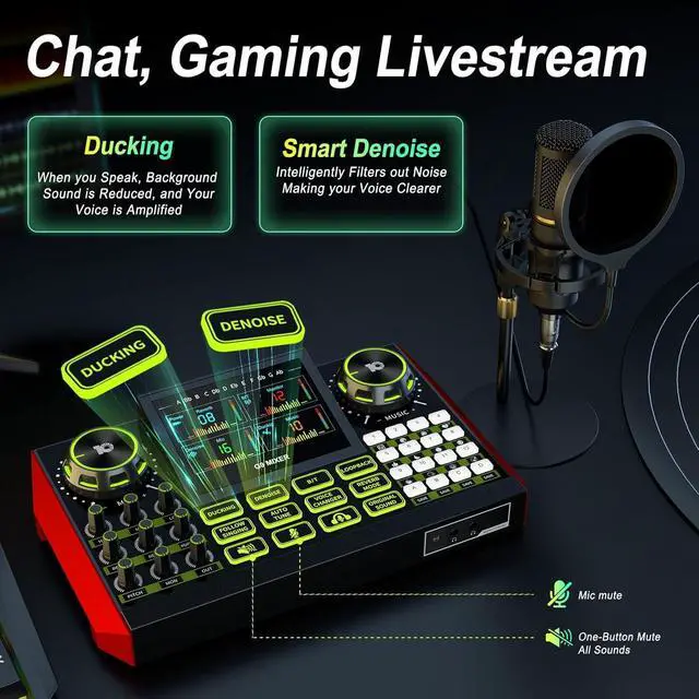 Alt view image 7 of 7 - Audio Mixer, Sound Board for Pc/Phone Live Streaming Singing Gaming, Podcast Mixer for 3.5/6.35mm Dynamic Microphone, Live Sound Card with DJ Mixer Effects Voice Changer, Denoise, One Click Mute