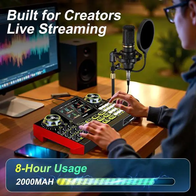 Alt view image 6 of 7 - Audio Mixer, Sound Board for Pc/Phone Live Streaming Singing Gaming, Podcast Mixer for 3.5/6.35mm Dynamic Microphone, Live Sound Card with DJ Mixer Effects Voice Changer, Denoise, One Click Mute