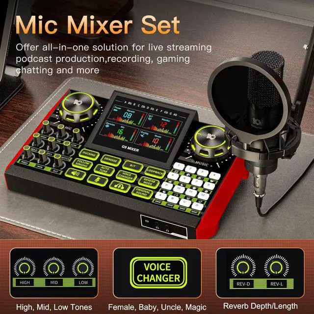 Alt view image 3 of 7 - G9 Podcast Equipment Bundle,Audio Mixer Sound Board Live Sound Card,Podcast Microphone Bundle with 3.5mm Condenser Mic for PC & Phone,Podcasting,Live Streaming,Singing,Gaming,Voice Changer,Dj Set
