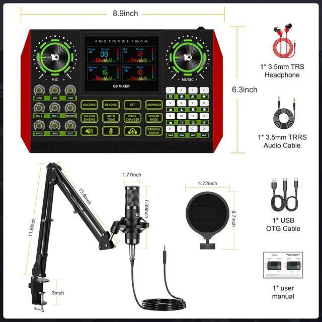 Alt view image 2 of 7 - G9 Podcast Equipment Bundle,Audio Mixer Sound Board Live Sound Card,Podcast Microphone Bundle with 3.5mm Condenser Mic for PC & Phone,Podcasting,Live Streaming,Singing,Gaming,Voice Changer,Dj Set