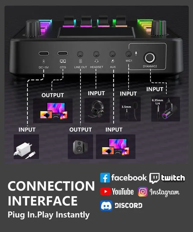 Alt view image 3 of 7 - Gaming Audio Mixer, Audio Interface for pc,1/4" TRS Dynamic Mic interface,Sound Board With voice changer, Pro-Preamp, Noise Cancellation, RGB, Bluetooth For Streaming/Podcasting/Gaming