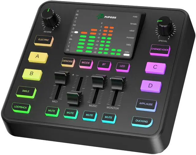 Main image of Gaming Audio Mixer, Audio Interface for pc,1/4" TRS Dynamic Mic interface,Sound Board With voice changer, Pro-Preamp, Noise Cancellation, RGB, Bluetooth For Streaming/Podcasting/Gaming