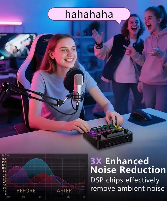 Alt view image 6 of 7 - Gaming Audio Mixer, Audio Interface for pc,1/4" TRS Dynamic Mic interface,Sound Board With voice changer, Pro-Preamp, Noise Cancellation, RGB, Bluetooth For Streaming/Podcasting/Gaming