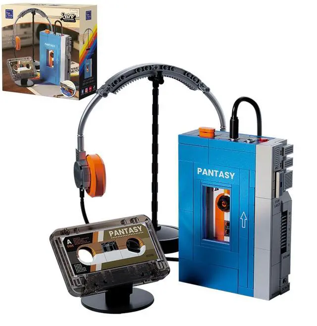 Main image of Retro Cassette Player Building Set, 1970s Portable Tape Player Model with Interchangeable Cassettes & Headphones, Vintage Music Display Building Blocks for Adults