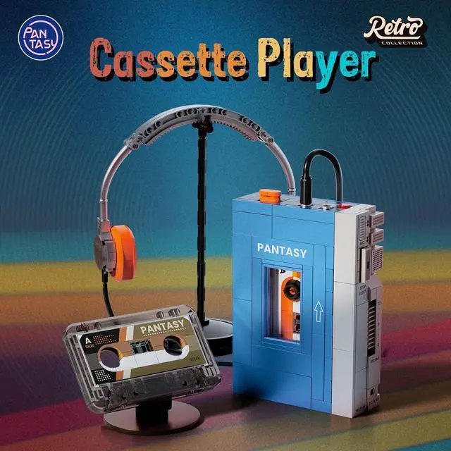 Alt view image 2 of 7 - Retro Cassette Player Building Set, 1970s Portable Tape Player Model with Interchangeable Cassettes & Headphones, Vintage Music Display Building Blocks for Adults