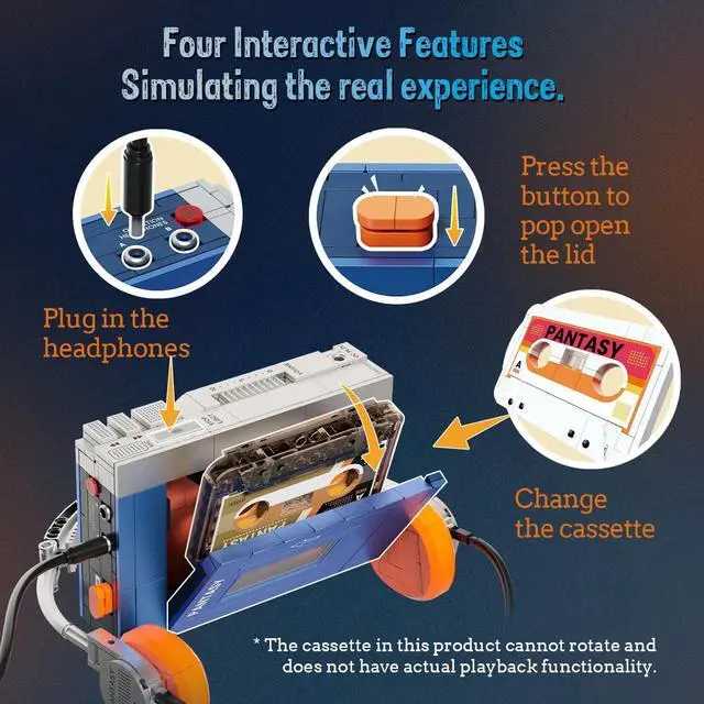 Alt view image 5 of 7 - Retro Cassette Player Building Set, 1970s Portable Tape Player Model with Interchangeable Cassettes & Headphones, Vintage Music Display Building Blocks for Adults