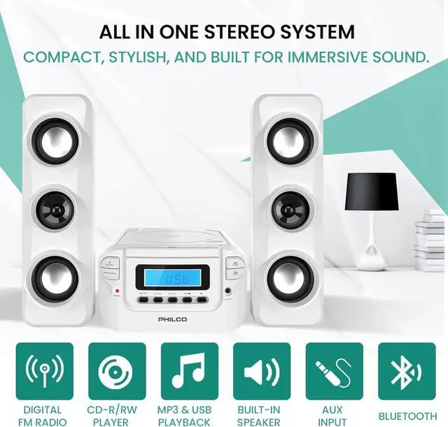 Alt view image 2 of 7 - Stereo Shelf Systems Compact CD Shelf System with Digital FM Stereo Radio, Wireless Bluetooth and Remote Control in Black, LCD Display, MP3 & AUX Port Compatible, USB Playback (White)