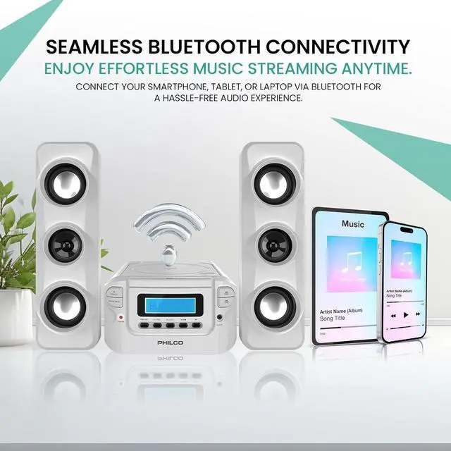 Alt view image 3 of 7 - Stereo Shelf Systems Compact CD Shelf System with Digital FM Stereo Radio, Wireless Bluetooth and Remote Control in Black, LCD Display, MP3 & AUX Port Compatible, USB Playback (White)