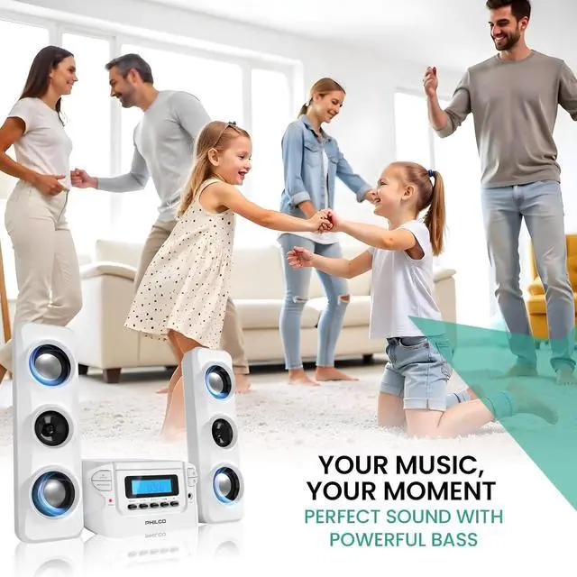 Alt view image 7 of 7 - Stereo Shelf Systems Compact CD Shelf System with Digital FM Stereo Radio, Wireless Bluetooth and Remote Control in Black, LCD Display, MP3 & AUX Port Compatible, USB Playback (White)