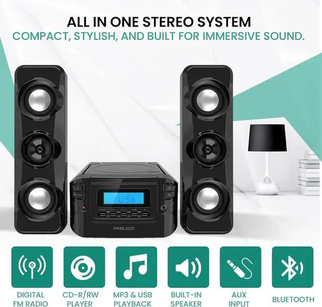 Alt view image 2 of 7 - Stereo Shelf Systems Compact CD Shelf System with Digital FM Stereo Radio, Bluetooth Wireless Technology, and Remote Control in Black | LCD Display | MP3 & AUX Port Compatible | USB Playback