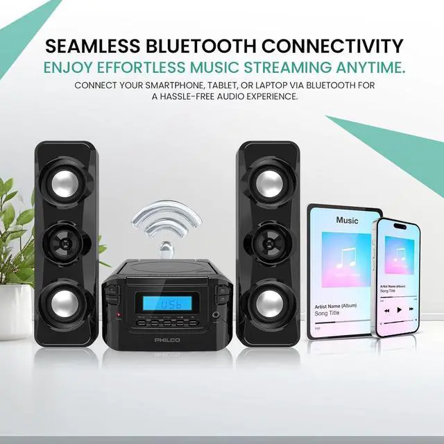 Alt view image 3 of 7 - Stereo Shelf Systems Compact CD Shelf System with Digital FM Stereo Radio, Bluetooth Wireless Technology, and Remote Control in Black | LCD Display | MP3 & AUX Port Compatible | USB Playback