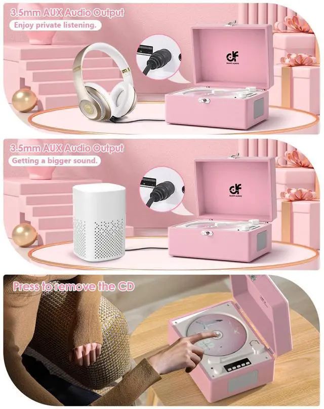 Alt view image 2 of 7 - CD Player with Stereo Speakers, Wireless Bluetooth Input/Output Transmission, Rechargeable Battery, USB Retro CD Player Desktop for Home Party Decorations - Pink