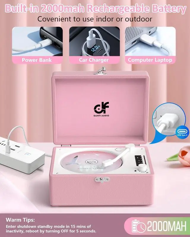 Alt view image 5 of 7 - CD Player with Stereo Speakers, Wireless Bluetooth Input/Output Transmission, Rechargeable Battery, USB Retro CD Player Desktop for Home Party Decorations - Pink