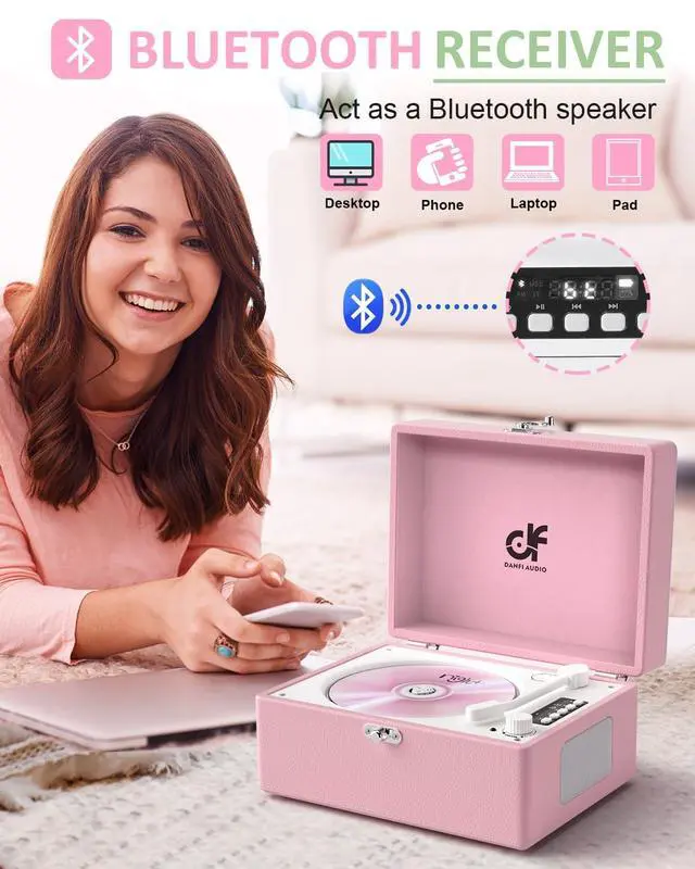 Alt view image 6 of 7 - CD Player with Stereo Speakers, Wireless Bluetooth Input/Output Transmission, Rechargeable Battery, USB Retro CD Player Desktop for Home Party Decorations - Pink