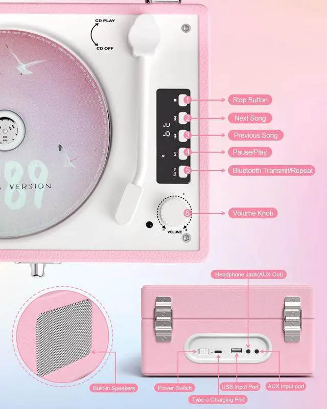 Alt view image 7 of 7 - CD Player with Stereo Speakers, Wireless Bluetooth Input/Output Transmission, Rechargeable Battery, USB Retro CD Player Desktop for Home Party Decorations - Pink