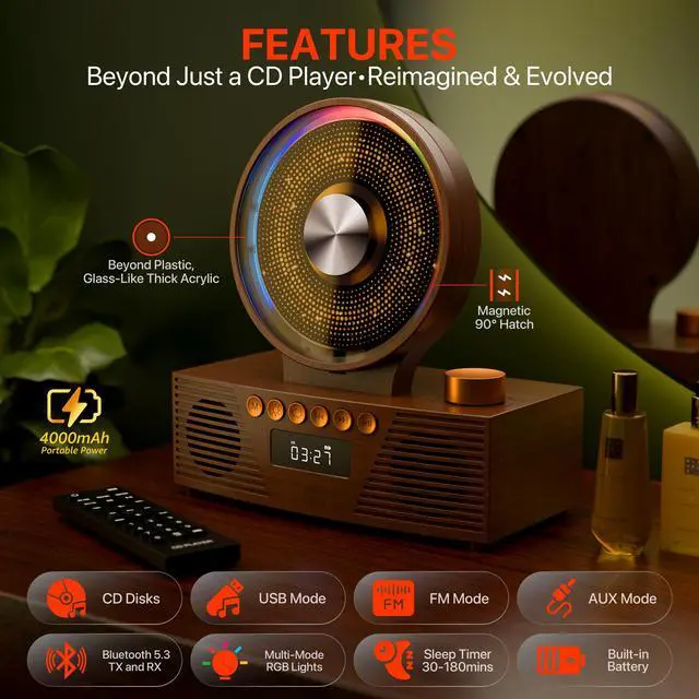 Alt view image 2 of 7 - Retro Portable CD Player for Home Decor, CD Player with Speakers, Bluetooth/Battery/Remote, Desktop Vintage CD Players for Kids to Seniors, Combo with Radio/USB Driver/Stereo Sound/AUX/Timer