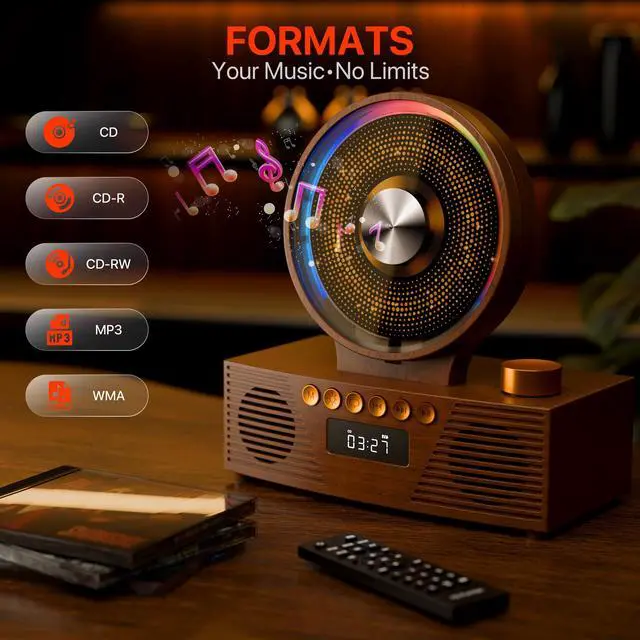 Alt view image 3 of 7 - Retro Portable CD Player for Home Decor, CD Player with Speakers, Bluetooth/Battery/Remote, Desktop Vintage CD Players for Kids to Seniors, Combo with Radio/USB Driver/Stereo Sound/AUX/Timer