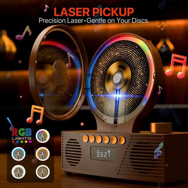 Alt view image 4 of 7 - Retro Portable CD Player for Home Decor, CD Player with Speakers, Bluetooth/Battery/Remote, Desktop Vintage CD Players for Kids to Seniors, Combo with Radio/USB Driver/Stereo Sound/AUX/Timer