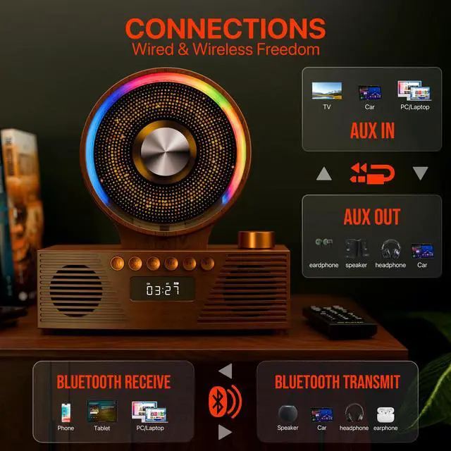 Alt view image 6 of 7 - Retro Portable CD Player for Home Decor, CD Player with Speakers, Bluetooth/Battery/Remote, Desktop Vintage CD Players for Kids to Seniors, Combo with Radio/USB Driver/Stereo Sound/AUX/Timer