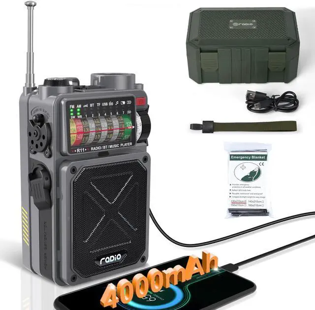 Main image of R11 Portable Shortwave Radio - 4000mAh/14800mWh NOAA/SW/AM/FM, Solar/Hand Crank/USB Charging, Bluetooth Receiver/USB/TF Playback,with Compass,Flashlight,SOS for Camping & Emergencies - Grey