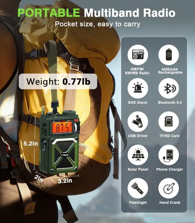 Alt view image 5 of 7 - Portable Shortwave Radios with NOAA Weather Radio, 14800mWh Digital Radio AM FM with Bluetooth 5.4, Crank/Solar/USB Charging, Support USB/TF, Charger Pack/SOS/Flashlight for Outdoor, Emergency