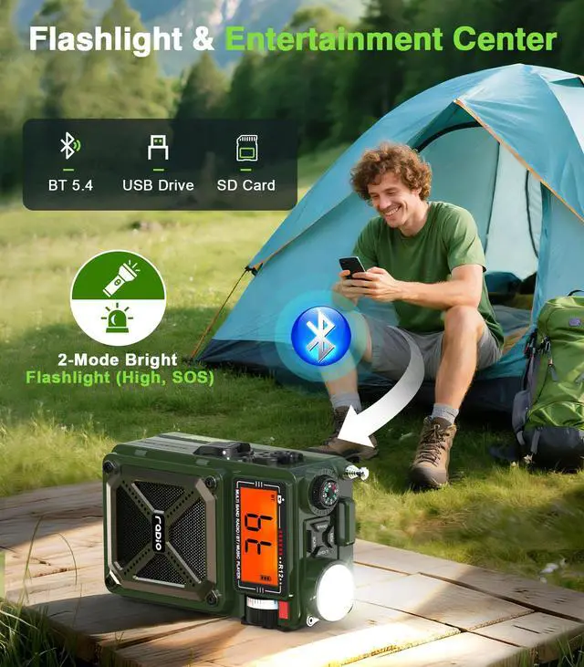 Alt view image 6 of 7 - Portable Shortwave Radios with NOAA Weather Radio, 14800mWh Digital Radio AM FM with Bluetooth 5.4, Crank/Solar/USB Charging, Support USB/TF, Charger Pack/SOS/Flashlight for Outdoor, Emergency